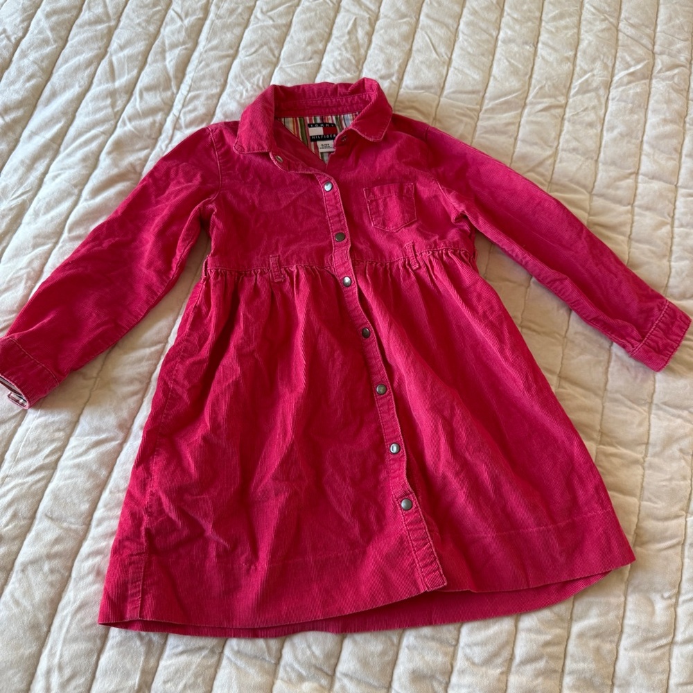 TOMMY HILFIGER Y2K Corduroy long sleeve Hot Pink button-up dress size 3T